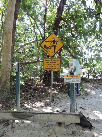 Rechts liegt eine Flasche mit Essig. Für Notfälle- falls man von einer Qualle erwischt wurde oder einen Salat essen möchte