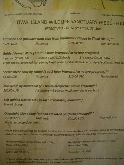 Preisliste und Möglichkeiten auf Tiwai Island