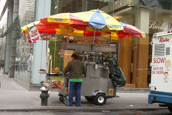 Diese Ess-Stände stehen in Manhattan an jedem Eck. Dort gibt es gute Sachen zu kaufen.
