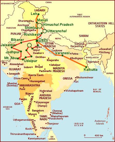 von leh im norden geht es über shimla nach delhi.
von dort aus weiter - jetzt ohne motorrad - nach varanasi und kalkutta (orangene route).