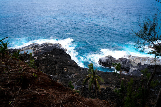 Der Trail hinab zum „Queens Bath“ ist nach dem vielen Regen schlammig und rutschig—wir sehen viele, die unten waren und nach einigen Stürzen von oben bis unten verdreckt sind-sehen aus, wie in Nougat getaucht…
Aber wir wollen eh nicht baden, deshalb gibt es nur ein Foto von oben—
das „Queens Bath“ ist ein von Lavagestein umschlossenes, natürliches Meeresbecken und grenzt an mehrere Lagunen..