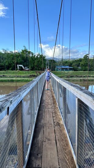… und laufen über die Swinging Bridge - nun bei Tageslicht.