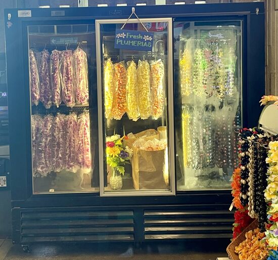 Im TV sieht man immer, wie die Anreisenden Blumenkränze umgehängt bekommen.
Hier darf man sich die selber kaufen—sie hängen fertig und gekühlt in einen Kühlschrank