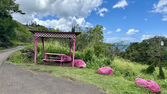 Hier kann man sich setzen, Aussicht aufs Meer genießen und das Eis schlürfen- lustig, dass hier alles pink angemalt wurde—sogar die Lavasteine
So lange wie wir hier sitzen, halten 3 Autos und kaufen etwas—meist diese Brote—das Geschäft brummt!