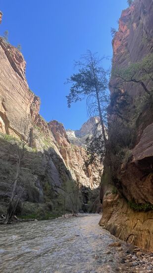Ab diesem Punkt würde es normalerweise im Fluss weiter gehen. Es gab jedoch heute eine Hochwasser-Warnung mit Sturzflut. 50 km weiter oben hat es starke Regenfälle gegeben und die Gefahr einer Sturzflut ist hoch. Deshalb darf niemand weiter in den Canyon