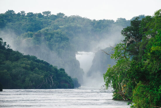 Wir fahren mit dem Boot  auf die Murchison falls zu