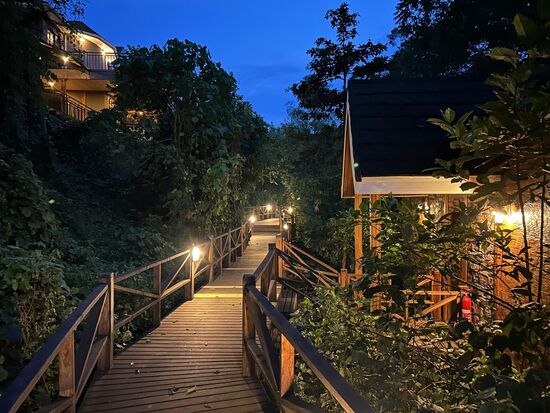 Die „Chimpundu Lodge“ ist direkt in den Dschungel gebaut und superschön. Vom Balkon der Bungalows hat man direkten Block auf die großen Bäume, in denen viele Vögel unterwegs sind.
