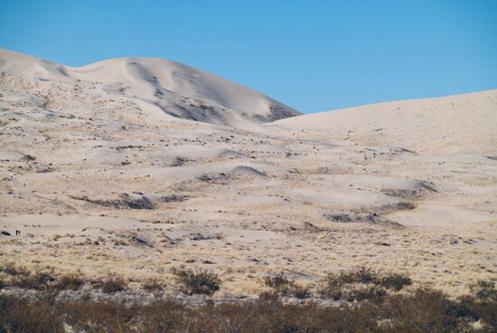 An einigen Stellen sind sie bis zu 200 Meter hoch. Wenn man genau hinschaut, sieht man am linken Bildrand einige Personen, die die Dünen hinauflaufen.