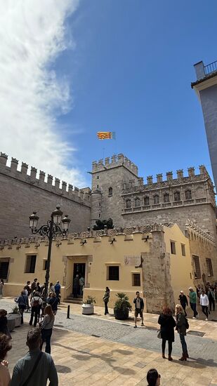 Wir besuchen die Seidenbörse - die „Lonja de la Seda“ von Valencia-hier ist der Eintritt heute frei, aber auch sonst kostet es nur 2 Euro
Die Seidenbörse ist heute Sitz der Kulturakademie Valencias.
Es finden hier Events und Ausstellungen statt