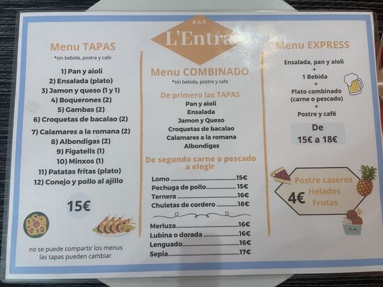 Dann fahren wir zu dem kleinen Örtchen „La Vall d`Ebo“ besuchen wir das kleine Restaurant „Bar L`Entra“
Schaut euch die günstigen Preise an - und hier stimmt auch die Qualität!!
Wir entscheiden uns für das „Menu COMBINADO“
Dazu gehören die 6 kleinen Vorspeisen und ein Hauptgericht nach Wahl:
Schwein, Lamm, Kaninchen,Fisch….
Nach dem Hauptgericht richtet sich dann der Preis—also von 15 Euro bis maximal 17 Euro bei Sepia