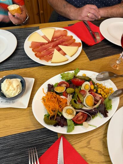 Vor lauter Begeisterung habe ich wieder das fotografieren vergessen—lediglich diesen einen Vorspeisengang habe ich mal abgelichtet. Es gab wieder Salat, den guten spanischen Käse und den Schinken—Aioli fehlt nie!