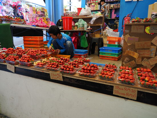 Zum Abschluss bekommen wir noch Gelegenheit Erdbeeren zu kaufen. Die sehen wirklich unnatürlich schön aus und haben ein gutes Aroma—der Preis von umgerechnet 3 Euro pro Pfund ist ähnlich wie bei uns