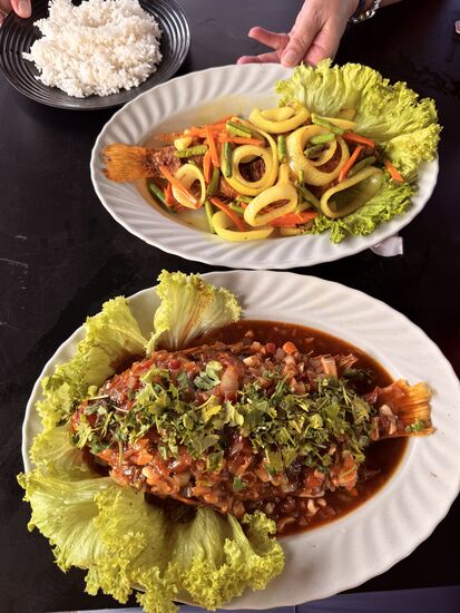 Wir entscheiden uns dann aber doch für gebackenen Fisch—die Soße dazu ist der Hammer: viele frische Kräuter—wir erkennen Koriander-dann Zwiebeln, Tomaten, viiiel Knobi …und…??
Darunter ist der Fisch—ein Telapia—frittiert und noch etwas knusprig, sodass man die Haut mitisst.
So ein Fischgericht kostet jetzt ca 10 Euro—ist für uns günstig, aber tatsächlich im Vergleich zu früher erheblich vom Preis gestiegen.
Das haben aber auch die beiden Fischer heute Mittag schon beklagt.