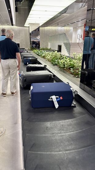 Ankunft gegen 15 Uhr in Singapur—und da kommt schon der schöne neue Koffer von Thomas.
Die Einreise geht wirklich fix—keine Menschenschlangen und keine Formalitäten
Am Ausgang werden wir schon von unserem Fahrer erwartet, die Fahrt zum Hotel ist bei Emirates inklusive
.