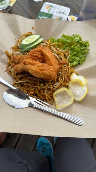 So ein kleines Essen kostet hier 5 Euro—die gebackene Hühnerbrust war sehr zart und die Nudeln (MIE) richtig gut! Etwas scharf—da muss man aufpassen, damit man nicht das ganz scharfe bekommt!