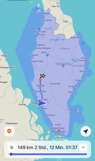 Unsere heutige Strecke bis nach Kuala Lumpur, der Hauptstadt von Malaysia