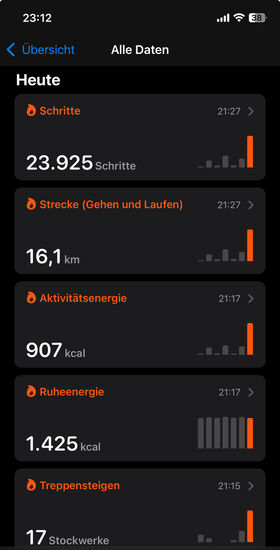 Abends staunen wir nicht schlecht über unsere Schritt- und Kilometerzahl.
Aber ich wußte vorher worauf ich mich einlasse, wenn ich mit Karin unterwegs bin….