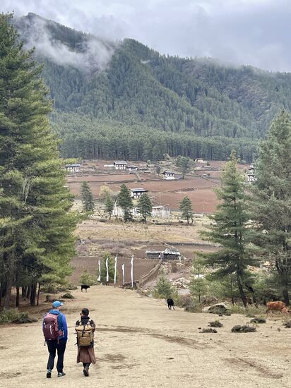 Im Tal sehen wir die traditionellen Häuser und Felder
Auch einige weiße Flaggen, an Stangen—sie werden zur Ehrung von Verstorbenen errichtet, um Frieden, Mitgefühl und Segen durch den Wind in die Welt zu tragen