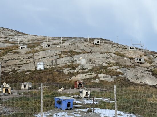 Etwas außerhalb- auf dem Weg zum Eisfjord kommen wir an diesen eingezäunten Gelände vorbei. Hier werden die Schlittenhunde gehalten