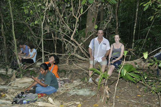 Hier sitzen wir unter einem Nest von Hornbills und warten auf die Vögel. Man hort sich mit einem lauten Rauschen wenn sie angeflogen kommen.Hier sehen wir die Hornbills mit den roten Hörnern, leider für Fotos zu weit weg.