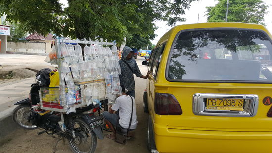 Unterwegs ein Straßenverkäufer der Aquarienfische verkauft: Skalare, Mollys, Kampffische, Barsche usw...alle in kleinen Tüten...dürfen wir natürlich gern fotografieren...