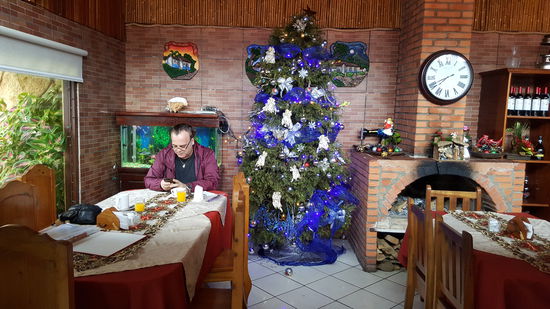 Hier ist das Restaurant mit einem typisch-überladenen Weihnachtsbaum--da paßt wirklich kaum noch eine weitere Kugel dran...