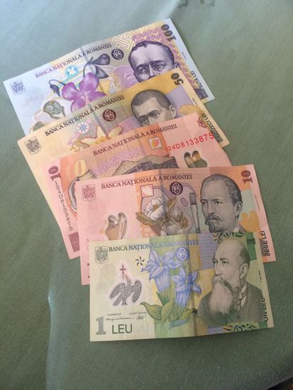 So sieht das Geld hier aus: 1 Euro sind etwa 4 Lei oder Ron