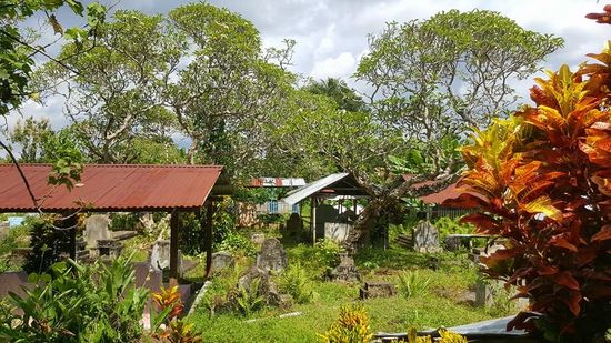 Der Friedhof mit einigen 200 Jahre alten Frangipanibäumen.
Die Hindus verwenden die Blüten dieser Bäume als Opfergaben