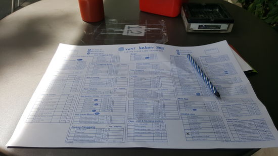 Ich gehe in eins der vielen Restaurants und bestelle mir ein Frühstück.
Das geht hier praktischerweise mit so einer Liste, auf der auch alle Gerichte in Englisch stehen. Auch die Preise