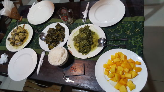 Es ist angerichtet: Thunfisch, Gemüse (selbstgesammelt aus dem Garten) und Papaya aus dem Garten