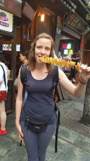 Kartoffelchips aus einer Kartoffel als Spirale auf Spiess