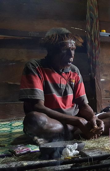 Der alte Herr trägt einen traditionellen Kopfschmuck aus Hühnerfedern.
Auch unterwegs haben wir davon einige gesehen