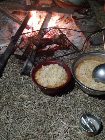 Plötzlich taucht ein großer Schweineknochen auf, der sorgfältig bis zum letzten Rest verteilt wird—aber wir bekommen nix davon