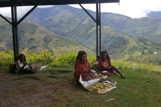 Hier treffen wir auf einige Frauen, die ihre Ware anbieten: Mais, irgendwelche Kartoffelähnlichen Dinger und Bananen
