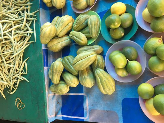 Bohnen, Kürbisart (Siam) und Limetten (l.n.r)
- die Bohnen werden hier gekocht und kalt serviert 
- der Kürbis wird gekocht und kann ausgelöffelt werden
- die Limetten sind sehr schmackhaft und passen hervorragend zu Fisch und Eistee