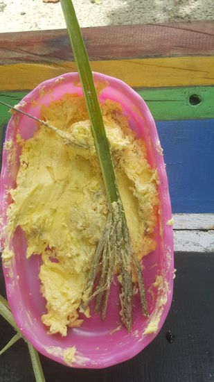 Aus einem weiteren ein Pinsel um den Fisch mit einer Mischung aus Margarine und Knobi einzupinseln...