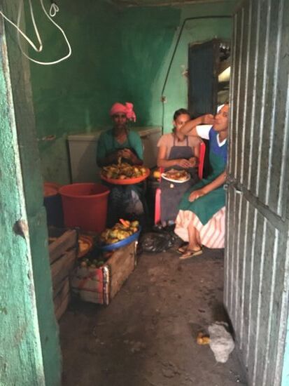 Hinten im Hinterraum sitzen die Mädels--gut gelaunt und schälen Stund um Stunde das Obst. Dies wird püriert und als Saft verkauft