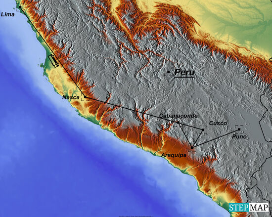 In Peru wollen wir uns die meiste Zeit aufhalten und viel trekken:
Natürlich einen Inka-Trail zu "Machu Picchu" und dann noch eine Tour auf eigene Faust im "Colca canyon": die Zweit-tiefste Schlucht der Welt und die "Schlucht des Kondors"
Am Anfang unserer Reise gibt es die geheimnisvollen "Linien" bei "Nasca" zu sehen und an der Grenze zu Bolivien steht der "Titicacasee" auf dem Programm