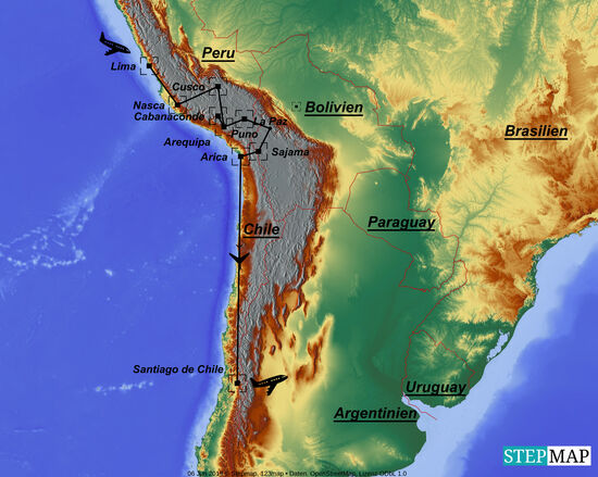 Wir starten am 6. Juli in Lima. Von dort sind es  ca 3500km bis nach Santiago de Chile . Von dort geht am 28. Juli der Rückflug