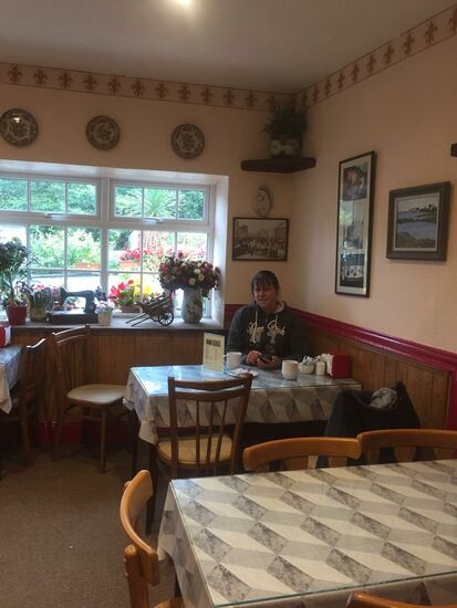 Silvi und ich kehren in einem kleinen Cafe , in "Grannys kitchen" ein, während die Männer im Regen einen Rundgang um die Burg machen wollen