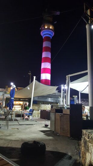 Vom Platz haben wir Blick auf das Wasser zur einen Seite und den Leuchtturm auf der anderen Seite