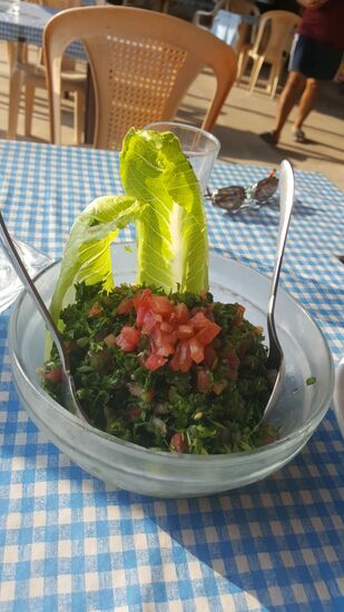Sehr einfach, sehr schmackhaft, Tomate mit Grünzeug dazu ein Dressing mit frischer Zitrone etwas abgerundet