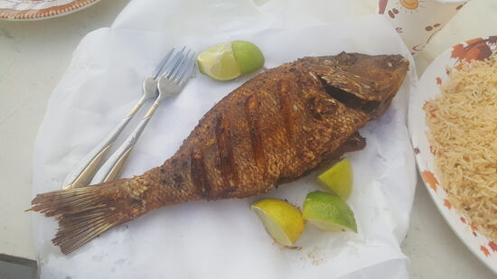 Gegen Abend gönne ich mir einen frischen frittierten Fisch in einem pakistanischen Restaurant—übrigens sitzen hier nur Männer