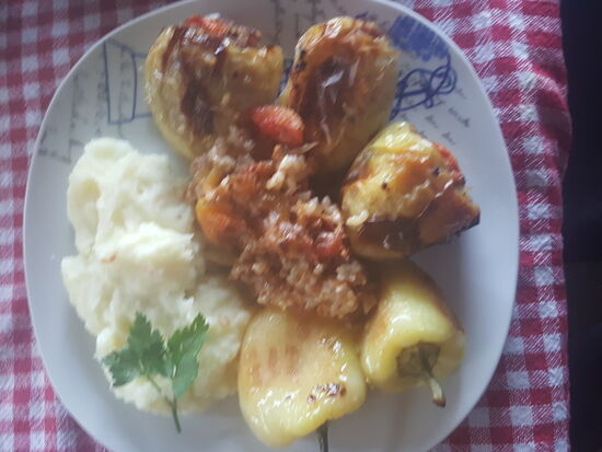 Bei unserer heutigen Gastfamilie gibt es gefüllte Paprikaschoten und Kartoffelpürree