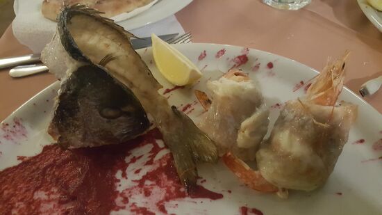 Hier etwas näher: der Fisch ist filetiert, und das „Gerüst“ nett drapiert—sieht man auf dem Bild schlecht. In die beiden Filets wurden Scampi eingewickelt