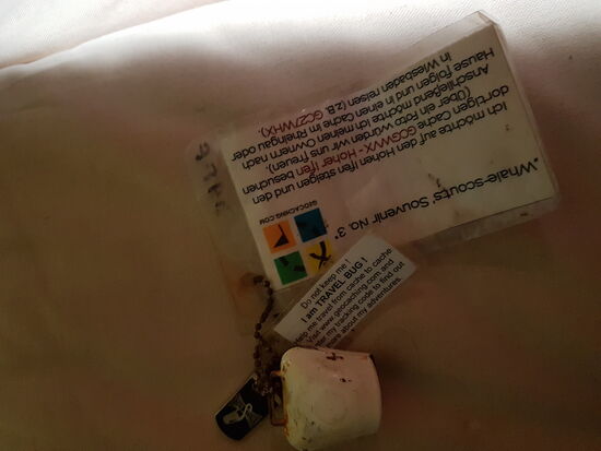 Hier finden einen weiteren Cache. Einen sogenannten „Travel bug“- bzw „Trackable“
Dieser begann im Oktober 2008 seine Reise und   war schon in Island, Dänemark und möchte wieder zurück nach Deutschland/Wiesbaden. Also nehmen wir ihn mit.