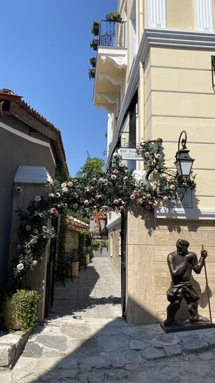 Der Eingang von außen (Rosen sind NICHt echt—aber täuschend ähnlich...)