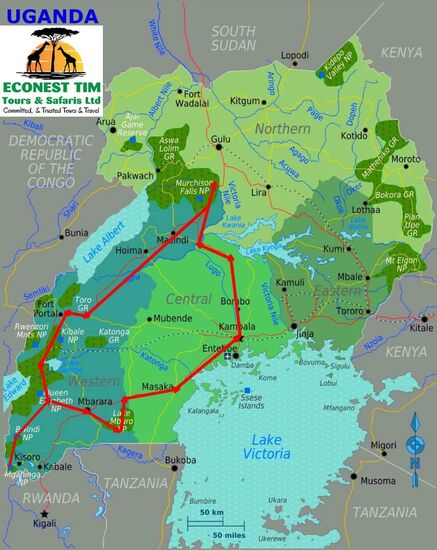 Unsere Route für Uganda—wir besuchen viele Nationalparks