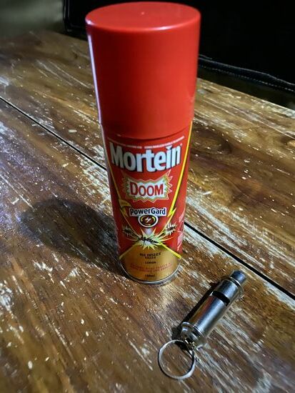 Im Zimmer stehen Dinge zum Schutz vor Tieren bereit: Insektenspray gegen die kleinen und eine Trillerpfeife zum abschrecken der großen Tiere