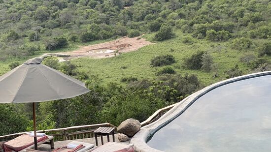 Die Lodge wird von einem Deutschen namens „Ralf“ geführt und ist sehr edel
Hier ist ein toller Pool mit Aussicht auf ein Schlammloch , welches reich von Tieren besucht wird